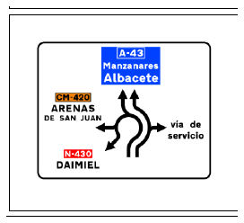 Señal S-203: Preseñalización de glorieta con selección de carriles en función del movimiento a efectuar.