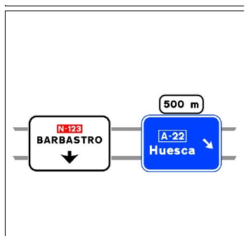 Señal S-232a: Preseñalización, con carteles sobre la calzada, en carretera convencional o carretera multicarril hacia autopista o autovía y dirección propia