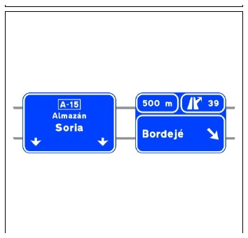 Señal S-235a: Preseñalización, con carteles sobre la calzada, en autopista o autovía hacia cualquier tipo de carretera y dirección propia.