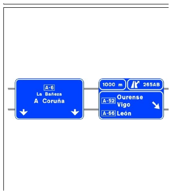 Señal S-242a: Preseñalización, con carteles sobre la calzada en autopista o autovía, de dos salidas muy próximas hacia cualquier tipo de carretera y dirección propia