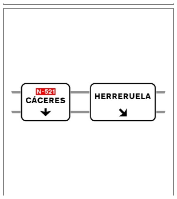 Señal S-350a: Señalización de salida inmediata, con carteles sobre la calzada, en carretera convencional o carretera multicarril hacia carretera convencional o carretera multicarril y dirección propia.
