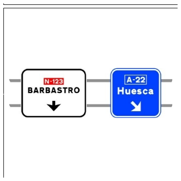Señal S-351a: Señalización de salida inmediata, con carteles sobre la calzada, en carretera convencional o carretera multicarril hacia autopista o autovía y dirección propia.