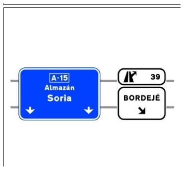 Señal S-352a: Señalización de salida inmediata, con carteles sobre la calzada, en autopista o autovía hacia carretera convencional o carretera multicarril y dirección propia