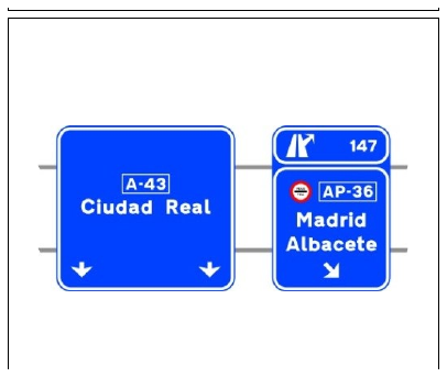 Señal S-353a: Señalización de salida inmediata, con carteles sobre la calzada, en autopista o autovía hacia autopista o autovía y dirección propia