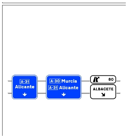 Señal S-373: Señalización de la primera salida inmediata de dos muy próximas, con carteles sobre la calzada, en autopista o autovía hacia carretera convencional o carretera multicarril, destinos de la segunda salida y dirección propia