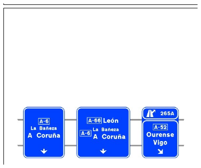 Señal S-375: Señalización de la primera salida inmediata de dos muy próximas, con carteles sobre la calzada, en autopista o autovía hacia autopista o autovía, destinos de la segunda salida y dirección propia
