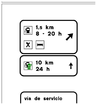 Señal S-376: Señalización de salida inmediata a servicios en carreteras convencionales con elevada intensidad de tráfico y en todas las carreteras multicarril.