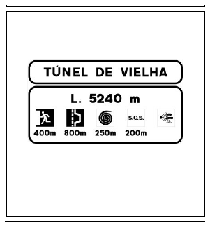 Señal S-530: Localización de un túnel en carretera convencional o carretera multicarril con información sobre sus instalaciones de seguridad